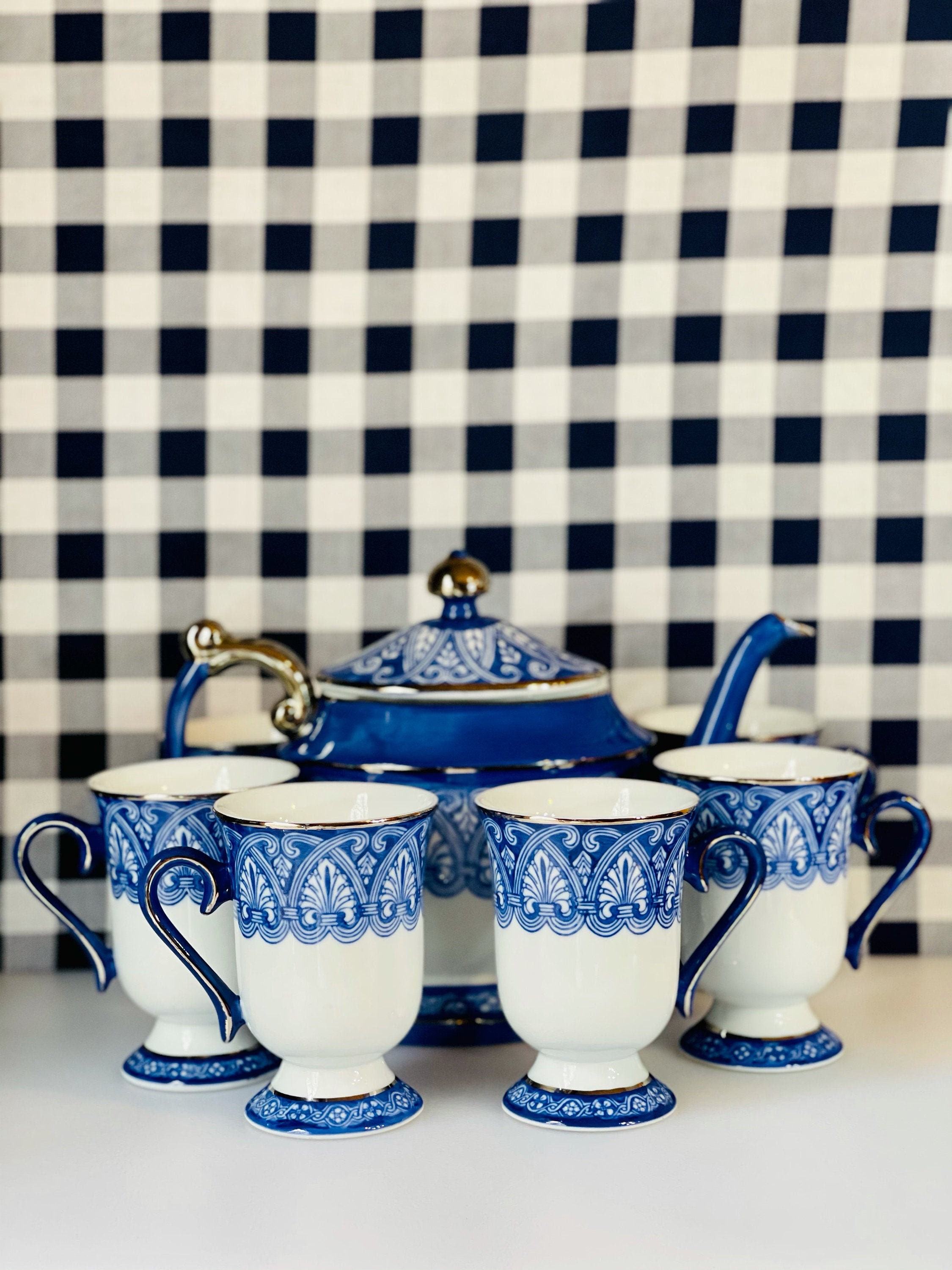 Bombay China Tea Set Arabesque Tile Pattern Blue Etsy