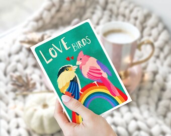 Love Birds Wenskaart, Valentijnskaart, Geïllustreerde Wenskaart, LGBTQ + LOVE-kaart, Kleurrijke ansichtkaart, Sweetheart