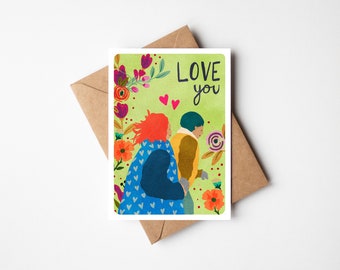 Love you Greetings Card, Valentijnskaart, Geïllustreerde Wenskaart, LOVE-kaart, Kleurrijke Ansichtkaart, Lieverd