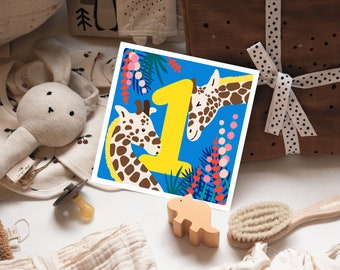 Age One Greetings Card, 1 year old Giraffe Greetings Card, Children's Birthday Card, Eco friendly card.