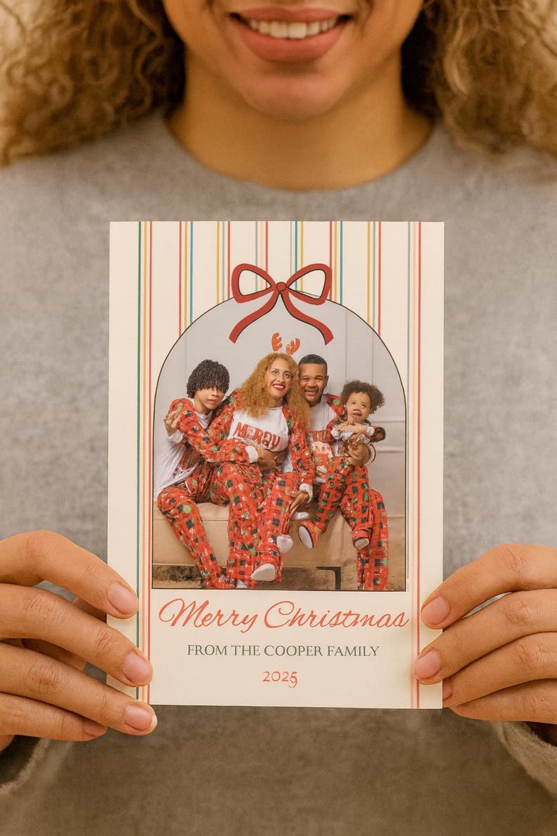 Custom 2025 Christmas Photo Card Template, Red Bow Printable Christmas