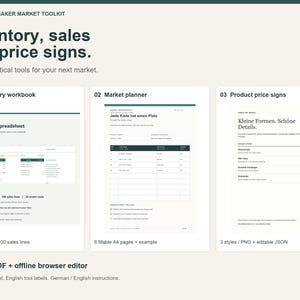 Könnte beinhalten: Ein digitales Toolkit namens DigitalBLN Maker Market Toolkit mit drei Werkzeugen: eine Inventar-Arbeitsmappe, ein Marktplaner mit sechs ausfüllbaren A4-Seiten und Produktpreisschilder in drei Stilen, verfügbar als XLSX, PDF und Browser-Editor.