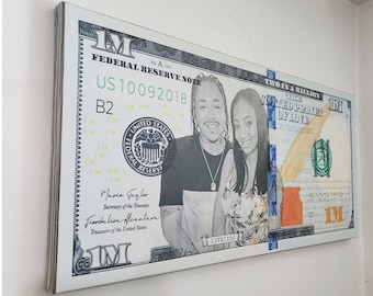 Custom Big Face 100 Dollar Bill Canvas Art | Fat Money Stack | Personalized Couples Gift | Wedding Money | Birthday Party Money Decor