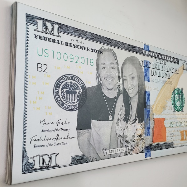 Custom Big Face 100 Dollar Bill Canvas Art | Fat Money Stack | Personalized Couples Gift | Wedding Money | Birthday Party Money Decor