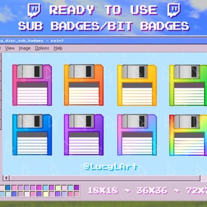 Puede incluir: Una imagen digital que presenta ocho diseños de disquetes coloridos, cada uno con una cubierta deslizante plateada. Los discos son de color rosa, naranja, amarillo, verde, azul, morado y un degradado arcoíris. El texto incluye "READY TO USE SUB BADGES/BIT BADGES" y "@LucyLArt".
