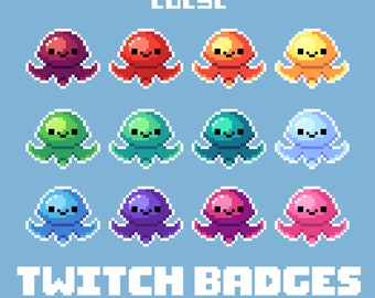 Op de afbeelding: Negen pixel art octopus Twitch-badges in verschillende kleuren, waaronder paars, rood, geel, groen, blauw en roze. De tekst "LUCYL" en "TWITCH BADGES" staat bovenaan en onderaan de afbeelding.