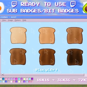 Può includere: Un'illustrazione digitale di sei fette di pane in diverse tonalità di marrone, visualizzate in una finestra di computer con uno sfondo blu. La finestra ha una barra del titolo che recita "bread_badges - paint". Il testo "READY TO USE SUB BADGES/BIT BADGES" è visualizzato sopra la finestra. Il testo "18X18 ~ 36X36 ~ 72X72" è visualizzato sotto la finestra. Il testo "@LucyLArt" è visualizzato nell'angolo in basso a sinistra della finestra.