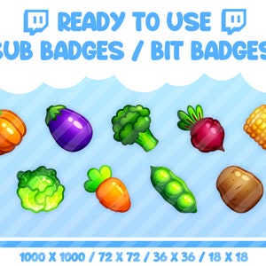 9x Veggie Sub Badges / Bit Badges/ Emote / Streamer / Aesthetic / Twitch / Food / Veggie / Healthy / Cottage Core / Carrot / Potato / Corn