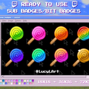 May include: Digital artwork showing eight lollipops in various colours, each with a wooden stick, presented in a retro computer window frame. Text includes "READY TO USE SUB BADGES/BIT BADGES" and "@LucyLArt". Sizes are 18x18, 36x36, and 72x72 pixels.