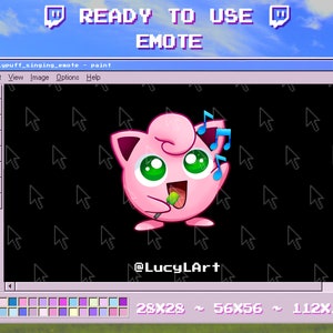 May include: A pink cartoon character with green eyes and a pink nose is singing with a microphone. The character is surrounded by blue musical notes. The image is in a Windows 95 style paint program window. The text "@LucyLArt" is at the bottom of the image. The image is ready to be used as an emote.