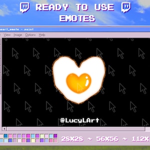May include: A digital art image of a heart-shaped fried egg with a yellow yolk. The image is displayed in a simulated Windows 95 paint program window with a black background and a pattern of white mouse cursors. The text "@LucyLArt" is displayed below the egg. The text "READY TO USE EMOTES" is displayed at the top of the image.