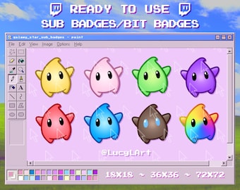 May include: A set of eight colorful star-shaped Twitch sub badges in various colors, including yellow, pink, green, purple, red, blue, brown, and rainbow. The badges are displayed in a digital art program window with the text "galaxy_star_sub_badges - paint" at the top. The text "READY TO USE" and "SUB BADGES/BIT BADGES" are displayed at the top of the image. The text "@LucyLArt" is displayed at the bottom of the image. The text "18X18 ~ 36X36 ~ 72X72" is displayed at the bottom of the image.