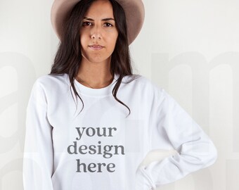 Gildan 18000 Mockup, Gildan White Sweatshirt Mockup, Sweatshirt Model Mockup, Gildan Sweatshirt Mockup, White Sweatshirt Mockup