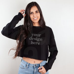 Bella Canvas 7503 Black Mockup, Cropped Sweater Mockup, Bella Canvas Cropped Sweatshirt Mockup, Model Mockup