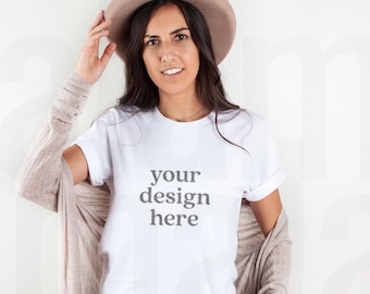 Vit T-shirtmodell, Vit Bella Canvas 3001-modell, Vit 3001 T-shirtmodell, Söt T-shirtmodell, Livsstilsmodell