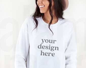 White Gildan Sweatshirt Mockup, Gildan 18000 Mockup, Gildan White Sweatshirt Mockup, Sweatshirt Model Mockup, White Sweatshirt Mockup