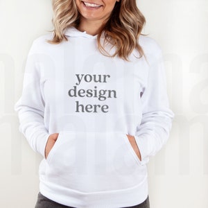 May include: White hoodie with a large gray text print that says "your design here".