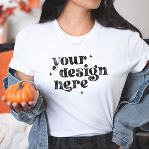 Cute Fall Mockup, Bella Canvas White T Shirt Mockup, Halloween Mockup, Bella Canvas 3001 Mockup, White T Shirt Mockup, Fall Model Mockup