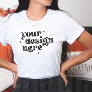 Halloween Mockup, Cute Fall Mockup, Bella Canvas White T Shirt Mockup, Bella Canvas 3001 Mockup, White T Shirt Mockup, Fall Model Mockup