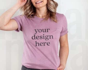 Bella Canvas Heather Orchid Mockup, Bella Canvas 3001 Mockup, Spring Mockup, Model Mockup, 3001CVC Orchid, Heather Orchid Flatlay