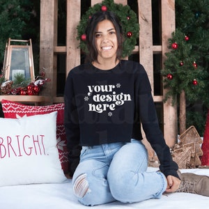 7503 Black Bella Canvas Cropped Sweatshirt Mockup, Christmas Mockup, Cropped Sweater Mockup, Bella Canvas 7503 Black Mockup, Model Mockup