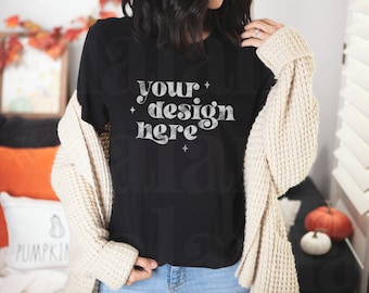 Bella Canvas 3001 ブラック T シャツ モックアップ、秋のモックアップ、ブラック 3001 モックアップ、ハロウィーン モックアップ、ブラック T シャツ モックアップ、かわいい T シャツ モックアップ