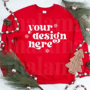 Christmas Mockup, Red Gildan Mockup, Gildan 18000 Red Mockup, Sweatshirt Mockup, Red Sweatshirt Mockup, Flat Lay Mockup