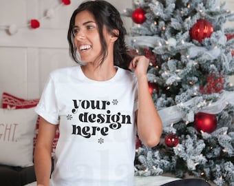 Maqueta de camiseta White Bella Canvas 3001, Maqueta de Navidad, Maqueta Bella Canvas 3001, Camisa Bella Canvas, Maqueta de vacaciones, Maqueta de camisa blanca