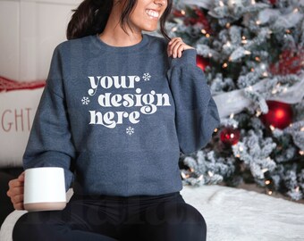 Christmas Mockup, Dark Heather Gildan 18000 Mockup, Gildan 18000 Christmas Mockup, Model Mockup, Cute Mockup, Winter Mockup