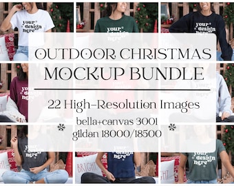 Op de afbeelding: Een mockup-pakket met 22 hoge resolutie afbeeldingen met verschillende kledingstukken met de tekst "your design here" erop. De afbeeldingen zijn gemaakt tegen de achtergrond van een kerstboom en andere feestelijke decoraties. Het pakket bevat Bella + Canvas 3001 en Gildan 18000/18500 shirts.