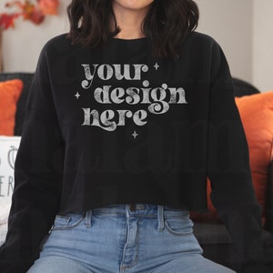 Cropped Sweater Mockup, Black Bella Canvas Cropped Sweatshirt Mockup, Fall Mockup, Bella Canvas 7503 Black Mockup, Model Mockup