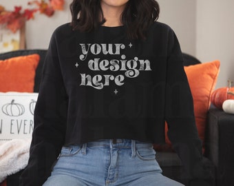 Cropped Sweater Mockup, Black Bella Canvas Cropped Sweatshirt Mockup, Fall Mockup, Bella Canvas 7503 Black Mockup, Model Mockup