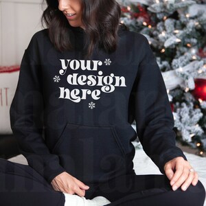 Christmas Mockup, Black Gildan 18500 Mockup, Black Gildan Mockup, Gildan Hoodie Mockup, Sweatshirt Mockup, Lifestyle Mockup, Winter Mockup