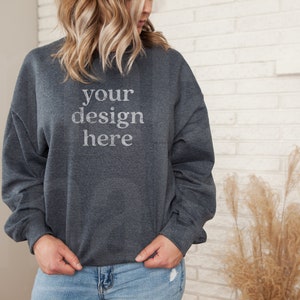 Gildan 18000 Mockup, Gildan Dark Heather Sweatshirt Mockup, Sweatshirt Mockup, Model Mockup, Lifestyle Mockup, Dark Heather Mockup