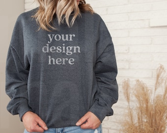 Gildan 18000 Mockup, Gildan Dark Heather Sweatshirt Mockup, Sweatshirt Mockup, Model Mockup, Lifestyle Mockup, Dark Heather Mockup