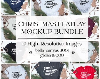 Pacote de maquete de Natal Flat Lay, pacote de maquete de camiseta, maquete de tela Bella, maquete de moletom Gildan, pacote Mega de férias, lindo flat Lay