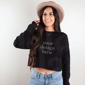 Black Bella Canvas 7503 Mockup, Black Bella Canvas Cropped Sweatshirt Mockup, Cropped Sweater Mockup, Model Mockup