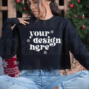 Black Bella Canvas 7503, Christmas Mockup, 7503 Black Bella Canvas Cropped Sweatshirt Mockup, Cropped Sweater Mockup, Model Mockup