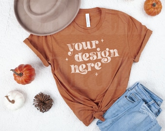 Heather Autumn Bella Canvas 3001 Flatlay, Fall Shirt Mockup, Heather Autumn Mockup, Bella Canvas Shirt, Halloween Mockup, Cute Fall Flatlay