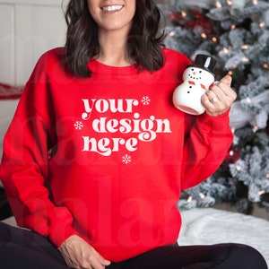 Gildan 18000 Red Mockup, Christmas Mockup, Gildan Red Sweatshirt Mockup, Model Mockup, Red 18000 Mockup, Holiday Mockup