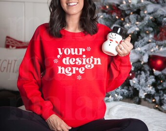 Gildan 18000 Red Mockup, Christmas Mockup, Gildan Red Sweatshirt Mockup, Model Mockup, Red 18000 Mockup, Holiday Mockup