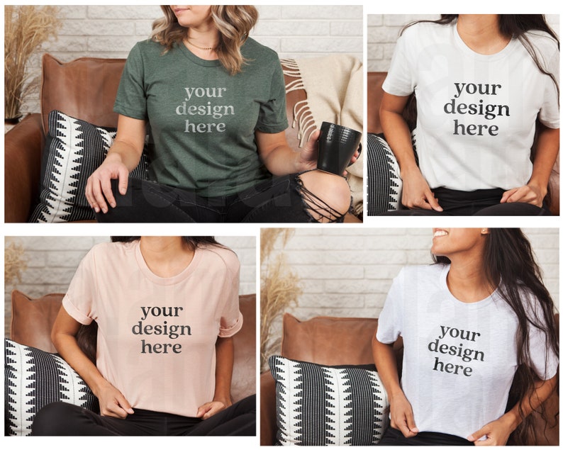 May include: Four different t-shirts with the text "your design here" on them. The shirts are in various colors, including green, white, pink, and gray. The shirts are being modeled by people sitting on couches.