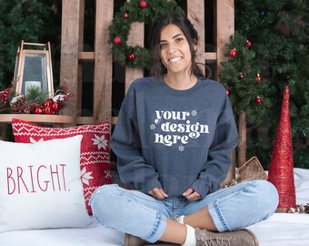 Gildan 18000 Mockup, Gildan Dark Heather Sweatshirt Mockup, Christmas Mockup, Model Mockup, Lifestyle Mockup, G180 Mockup, Holiday Mockup