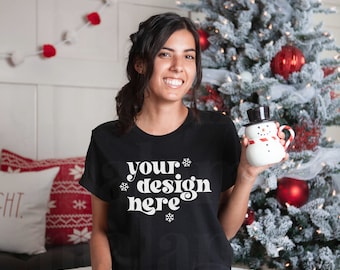 Christmas Mockup, Black Bella Canvas 3001 Mockup, Bella Canvas Black Shirt Mockup, Model Mockup, Cute Holiday Mockup, TShirt Mockup