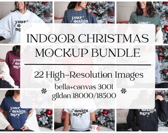 Op de afbeelding: Een mockup-pakket met 22 afbeeldingen in hoge resolutie met verschillende T-shirts en sweatshirts in verschillende kleuren en stijlen. De afbeeldingen zijn geplaatst tegen een achtergrond van een kerstboom en andere feestelijke decoraties. De tekst "INDOOR CHRISTMAS MOCKUP BUNDLE" wordt in een groot lettertype bovenaan de afbeelding weergegeven. De tekst "22 High-Resolution Images" wordt onder de titel weergegeven. De tekst "bella+canvas 3001" en "gildan 18000/18500" wordt onder de afbeelding van de afbeeldingen in hoge resolutie weergegeven.
