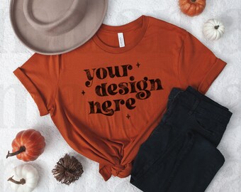 Autumn Bella Canvas 3001 Flatlay, Bella Canvas Autumn Mockup, Fall T-Shirt Mockup, Halloween Flatlay, T Shirt Mockup, Cute Fall Mockup
