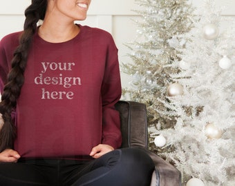 Christmas Mockup, Gildan 18000 Mockup, Sweatshirt Mockup, G180 Mockup, Gildan Sweatshirt Mockup, Winter Mockup, Gildan Maroon Mockup