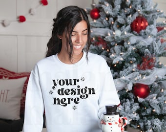 White Gildan 18000 Mockup, Gildan White Sweatshirt Mockup, Christmas Mockup, Model Mockup