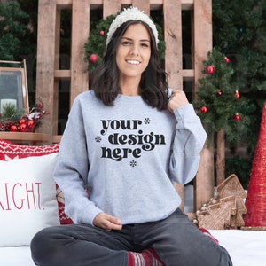 Gildan 18000 Sport Grey Mockup, Christmas Mockup, Gildan Sport Grey Sweatshirt Mockup, Model Mockup, Cute Holiday Mockup
