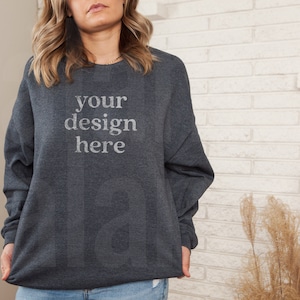 Gildan 18000 Mockup, Gildan Dark Heather Sweatshirt Mockup, Sweatshirt Mockup, Model Mockup, Lifestyle Mockup, Dark Heather Mockup